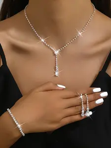 Women's Elegant Rhinestone Decorated Necklace & Dangle Earrings & Bracelet, Exquisite Trendy Jewelry Set, Fashionable Accessories for Party & Daily Clothing Decor