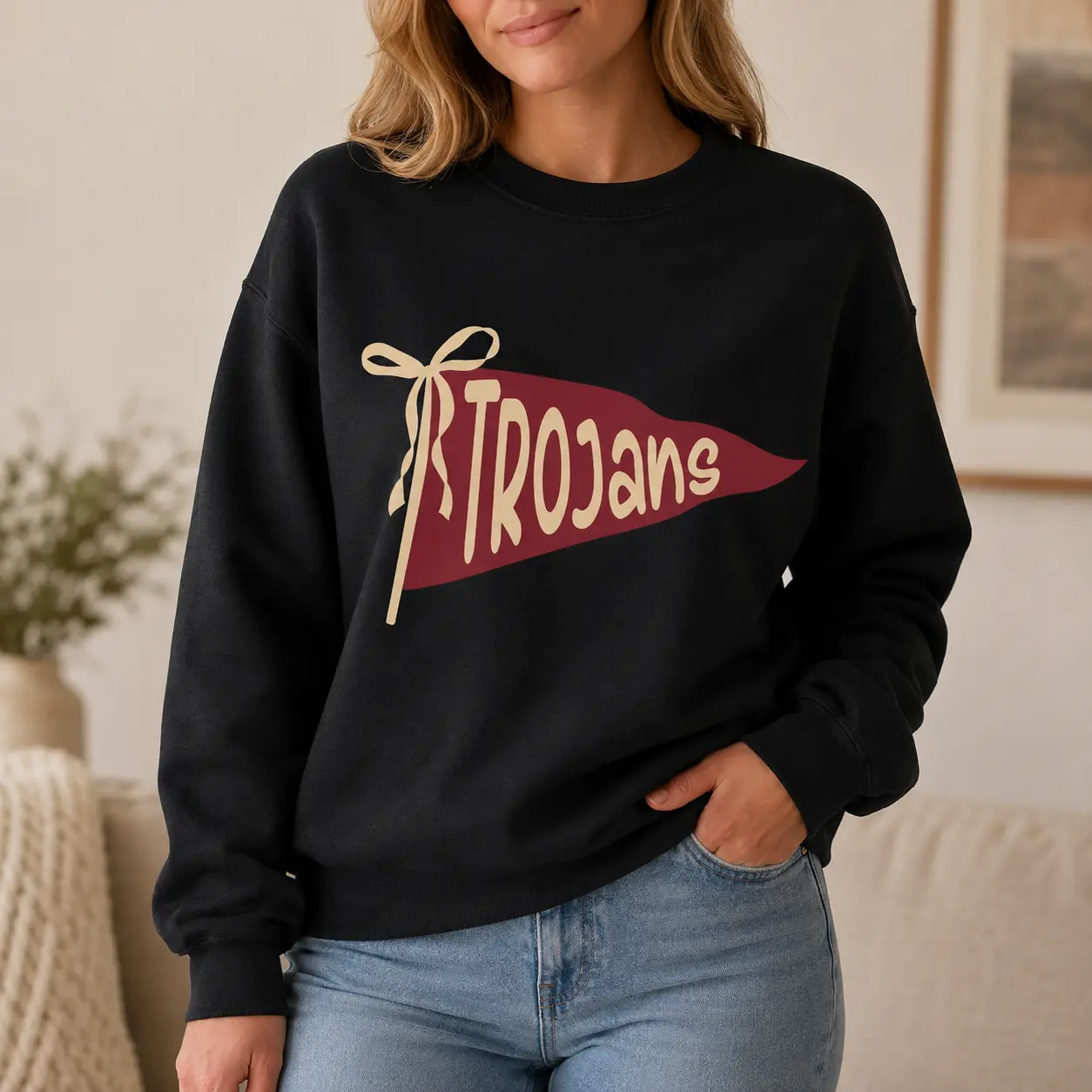 Gildan Trojans Pennant Sweatshirt, Vintage Collegiate Graphic Crewneck, Black Unisex Long Sleeve Pullover