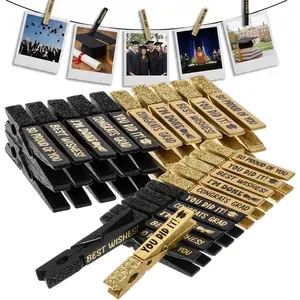 Tinlade 30 Pcs Graduation Cheer Pins Spirit Clips Class of 2026 Wooden Clothes Pins Black Gold Glitter Photo Clips Gifts Picture Display Party Decoration for Congrats Grad Graduation Supplies