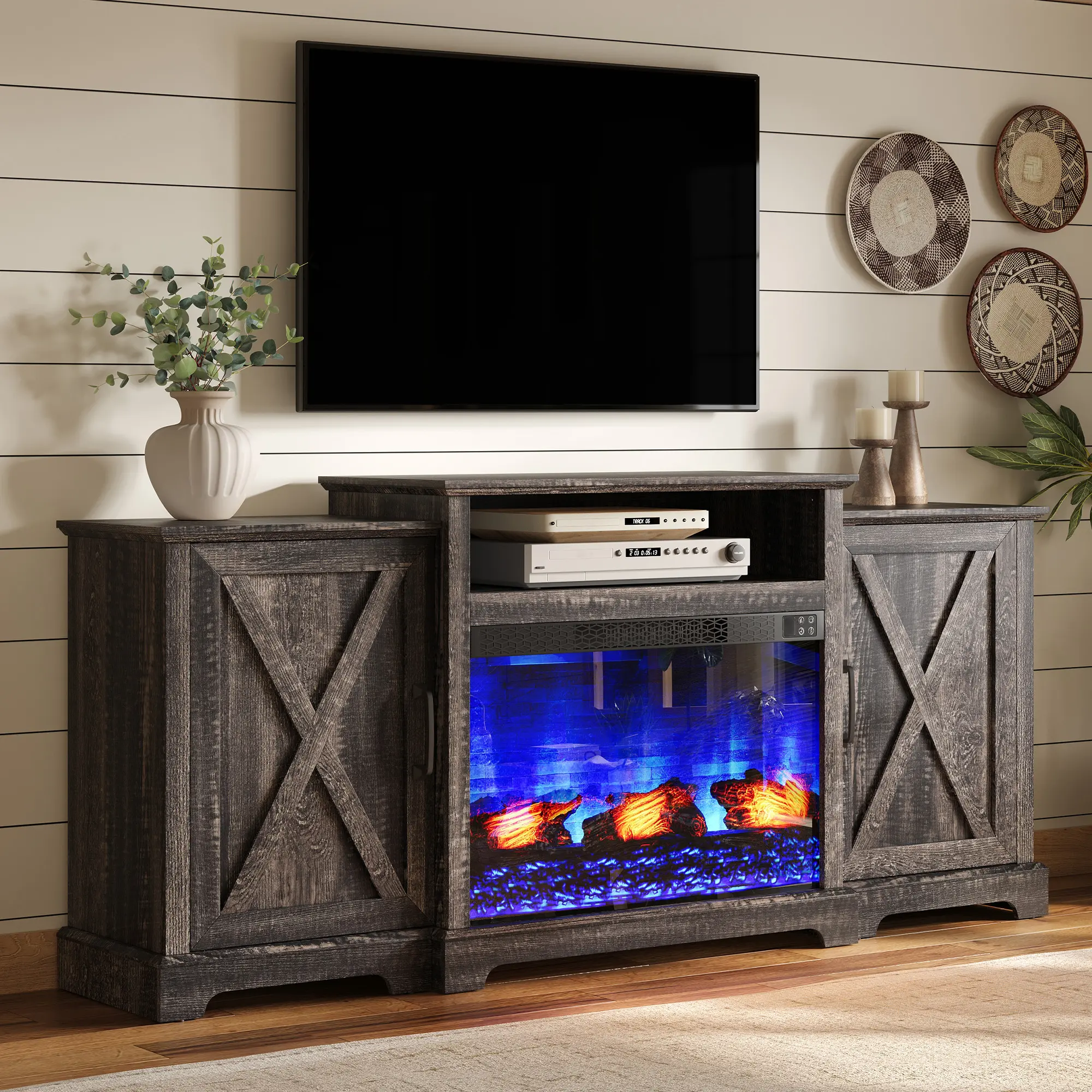 [Ships in Multiple Boxes] AMERLIFE 70"/ 97" Large Fireplace TV Stand, Farmhouse Entertainment Center with 33" Electric Fireplace, Media Console with Storage Cabinets & Adjustable Shelf