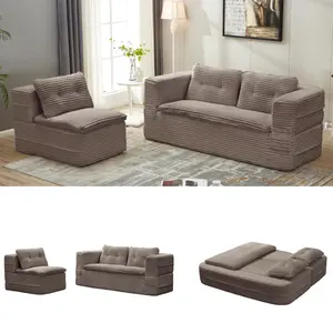 Aobtkel®Multi Functional Sectional Sofa Bed with Independent Chaise Lounge and Functional Blanket,Plush Corduroy Sofa Couch,Convertible Sofa Bed,80" King Size Bed,Deep Seat Fluffy Sofa,Coffee