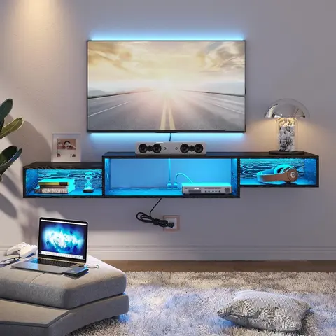 HOMBCK Modern TV Stand - 59" Floating Wall-Mounted Media Console Cabinet, LED Lighting, Power Outlet, Shelves, 150 lbs Capacity, for 43/50/55/60 Inch TVs, Stable Living Room Furniture