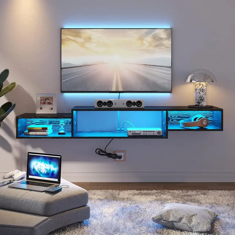 HOMBCK Modern TV Stand - 59" Floating Wall-Mounted Media Console Cabinet, LED Lighting, Power Outlet, Shelves, 150 lbs Capacity, for 43/50/55/60 Inch TVs, Stable Living Room Furniture