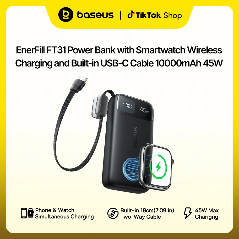 Baseus 10000mAh 45W Fast USB-C Mobile Power Bank - Compact, 4 Ports, Built-in Cord, 5W Wireless Charging for Smartphones, iPhone 17/16/15/14/13/12, iPad, MacBook, Earbuds, Travel Gadgets (Travel, Daily Use)