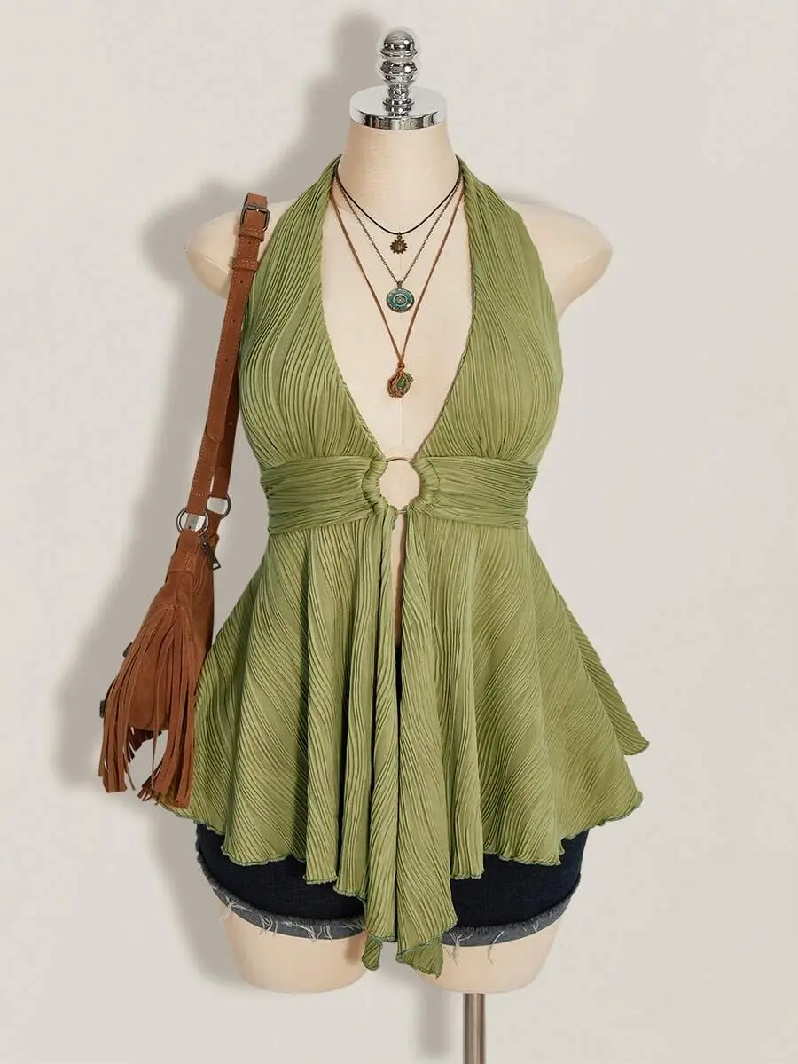 Kallé x ICON Plus Size Y2K Style Hollow Out Asymmetrical Hem Babydoll Halter Neck Knit Camisole