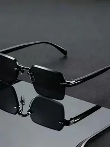 Vintage Rectangular Sunglasses for Men & Women, Fashionable Frameless Design, Luxury Brand Casual Sun Glasses, Trendy Unisex Eyewear, Trendy Beach Eyewear