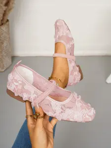 Women's Mesh Lace 3D Floral Embellished Pointed Toe Ballet Flat Shoes, Casual Flats, Casual Spring & Fall Footwear, Comfortable Rubber Sole
