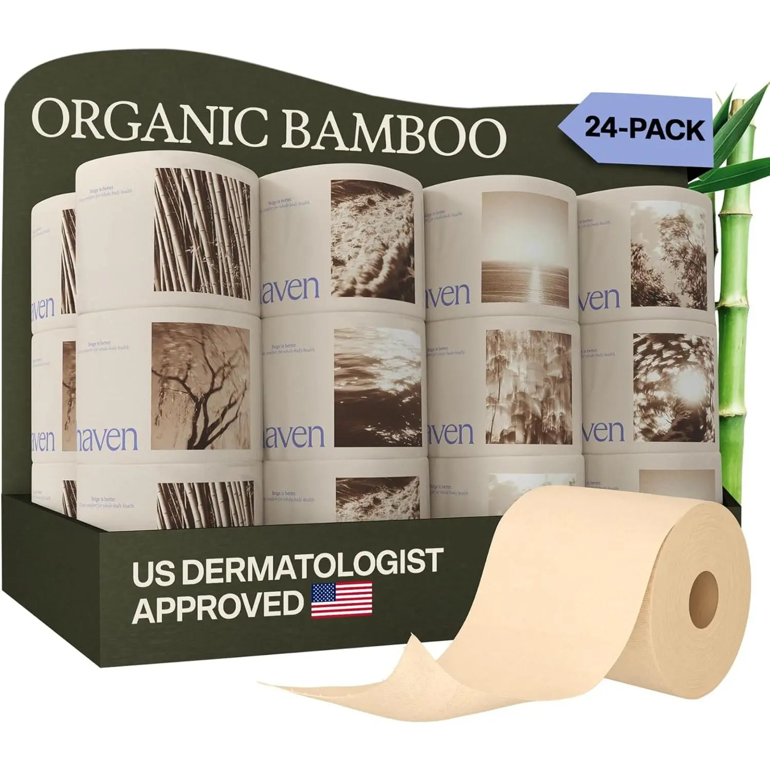 Haven Unbleached  Toilet Paper with Plastic Free Packaging, 3-Ply, 24 Rolls, 300 Sheets per Roll - FSC Certified, -Free, Tree Free  Based Toilet Paper, Non , Septic Safe,