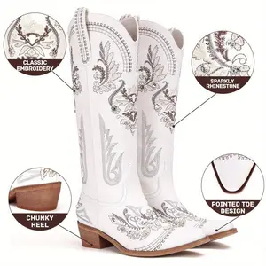 [WideCalfSparklyCowgirlBoots]CowboyBootsForWomen-WideCalfSparklyCowgirlBoots,Women'SKneeHighWesternRhinestoneBoots,GlitterSparkleLadiesCountryBootsWithClassicEmbroidery,PointedToePullOnZipperStitchingRetro
