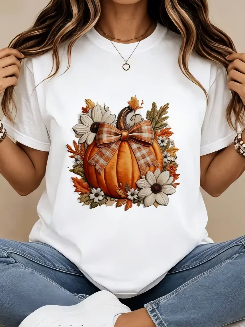 Fall Festival T-Shirt with Pumpkin and Floral Design for Women