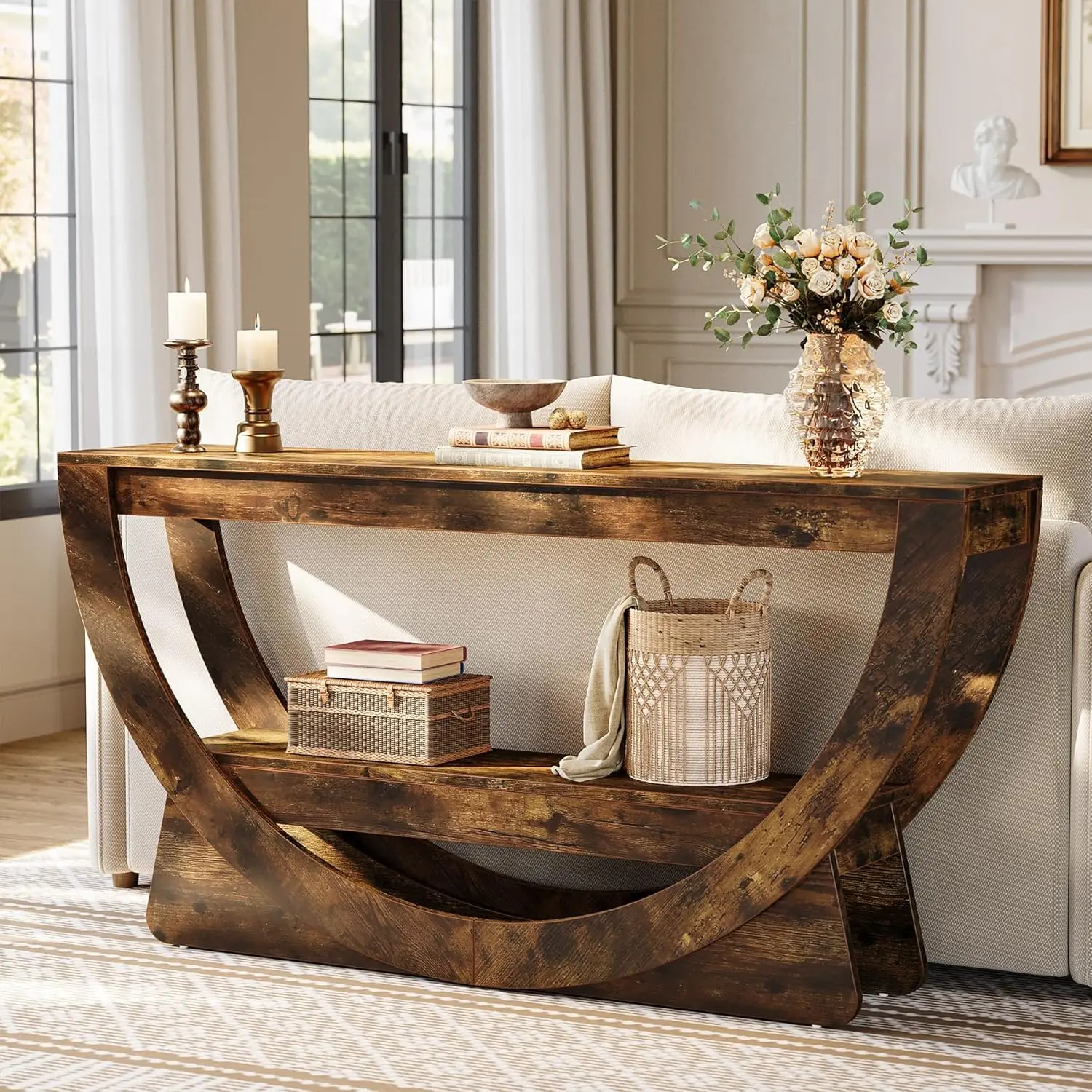 LITTLE TREE 63-Inch Console Table, Farmhouse 2-Tier Entryway Table with Storage Shelves, Narrow Long Sofa Table Behind Couch, Wooden Accent Table for Hallway, Living Room, Entrance, Foyer