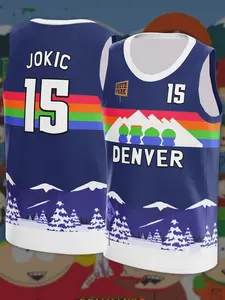 Denver Nikola Jokic #15 x South Park Collab Basketball Jersey Blue Stripe Mountain Cartoon Print Breathable Mesh Sleeveless Athletic Tank Top for Fans Jokic Supporters South Park Fans Pop Culture Collectors Jokic basketball jersey with number 15 vest