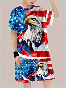 Boys' American Flag Eagle Pattern Sports Set, Fashion Casual Short Sleeve Shorts Two-Piece Set, Loose Fit Natural Waist, Sports Clothes