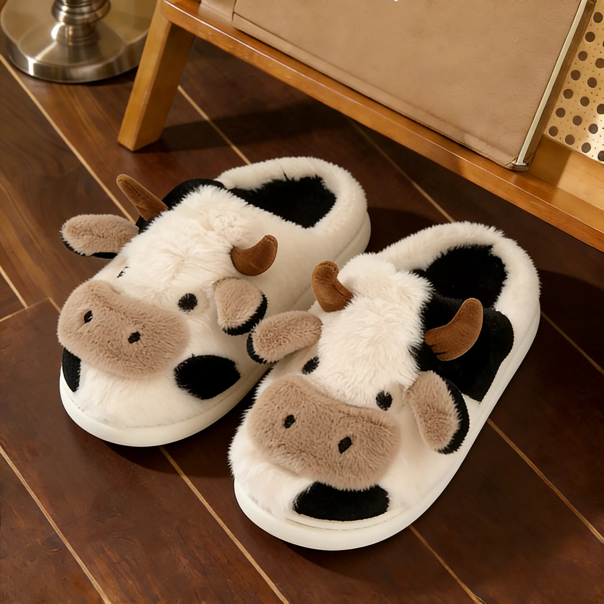 Casual Cartoon Cow Slippers for Women, Fluffy Brown Plush Fabric Slides with Anti-Slip Sole, Warm Platform House Shoes for Indoor Wear, Casual Slipper Shoes, All Seasons, Cloth, Footwear