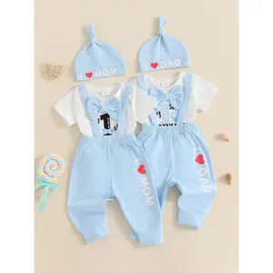 Baby Father's Day Pants Sets Short Sleeve Letter Print Romper Suspender Pants Hat Sets