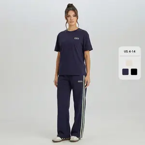 Women's Casual Round Neck Short Sleeve Top & Side Stripe Wide Leg Trousers Co-ord Set & Separates, Minimalist Soft Letter Print Loose Tracksuit, Going Out Outfit (CN)