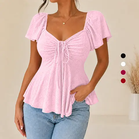 Women's Sweet Cute Style Breathable Lightweight Short Sleeve Top Blouse for Daily, Everyday Wear, Summer Casual Wear, Comfortable and Stylish