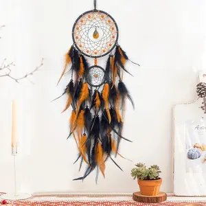 Artificial Feather Dreamcatcher Wall Hanging Decoration, Handmade Living Room Ornament, Dual Ring Water Drop Design