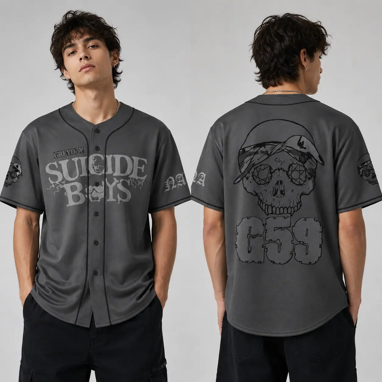Suicid G59 Skull Baseball Jersey | Charcoal Grey Greyday Tour Shirt | Men's Alt Streetwear Merch