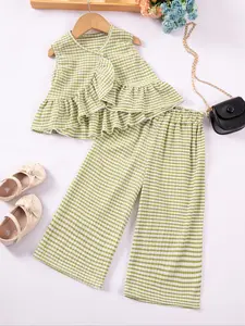 Two-Piece Set Toddler Girl's Striped Print Crop Tank Top & Wide Leg Pants, Casual Sleeveless Round Neck Top & Trousers for Daily Wear, Kids Clothing for Summer