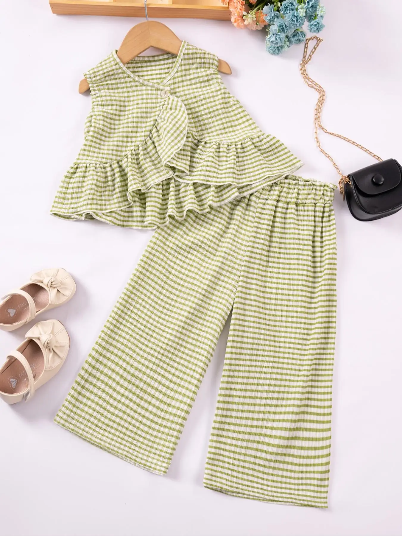 Two-piece Set Toddler Girl's Striped Print Crop Tank Top & Wide Leg Pants, Casual Sleeveless Round Neck Top & Trousers for Daily Wear, Kids Clothing f