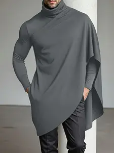 INCERUN Men Irregular T Shirt Solid Turtleneck Long Sleeve Tee Tops Streetwear Fashion Casual Long Style T-shirts Men Clothing