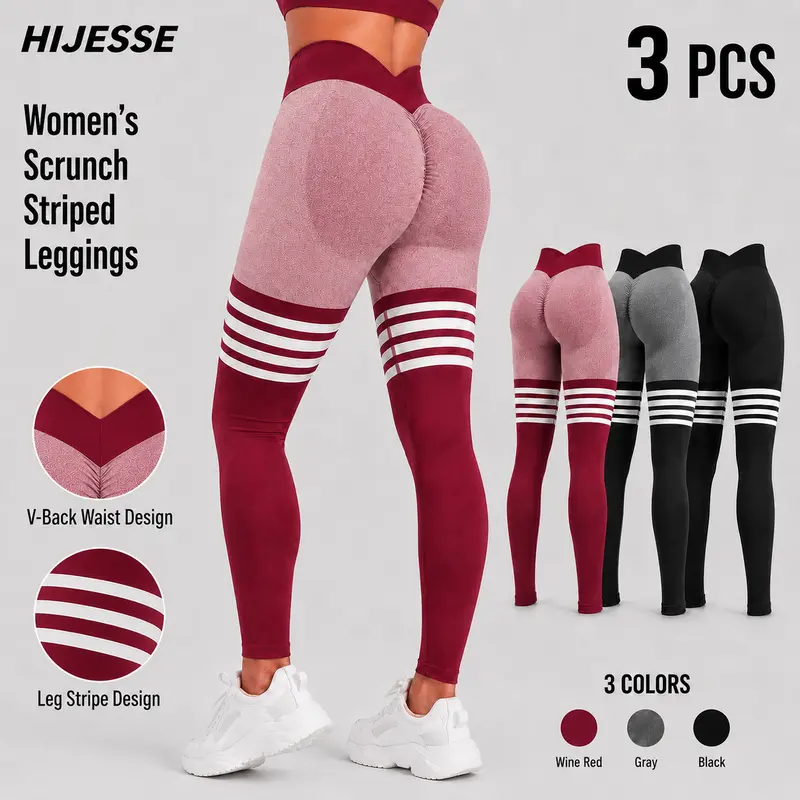 Hijesse Women's 3 Pack High Waist Seamless Yoga Leggings, Butt Lifting Tummy Control Workout Pants, Stretch Athletic Gym Running Leggings for Daily Sports