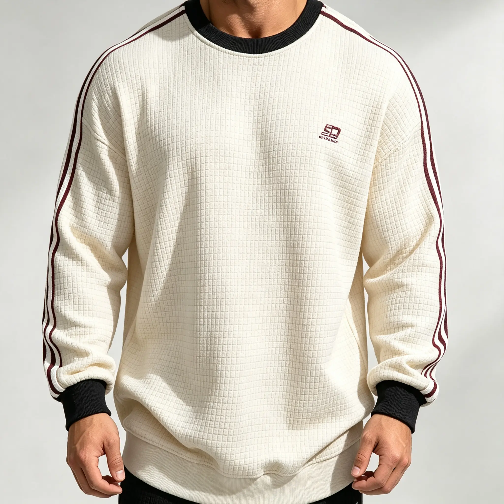 Mens Retro Waffle Sweatshirt - Spring/Autumn Menswear, Crew Neck, Ribbed, Textured, Patchwork Color-Block Contrast, Side Stripes, Relaxed Drop-Shoulder Slouchy Style, Embroidered Label, Sporty Versatile Casual Long-Sleeve Pullover Top