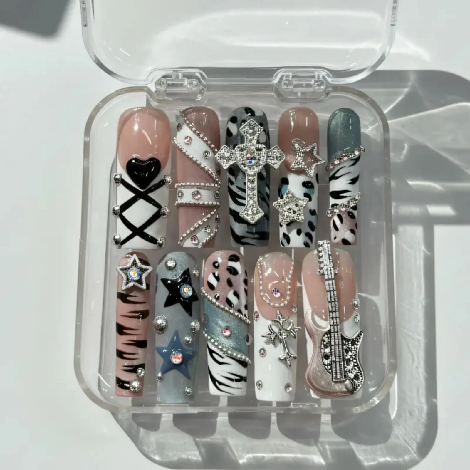 Rockstar Grunge Press-On Nails | Black White Zebra Animal Print Long Square Nails | 3D Cross Guitar Star Handmade False Nails