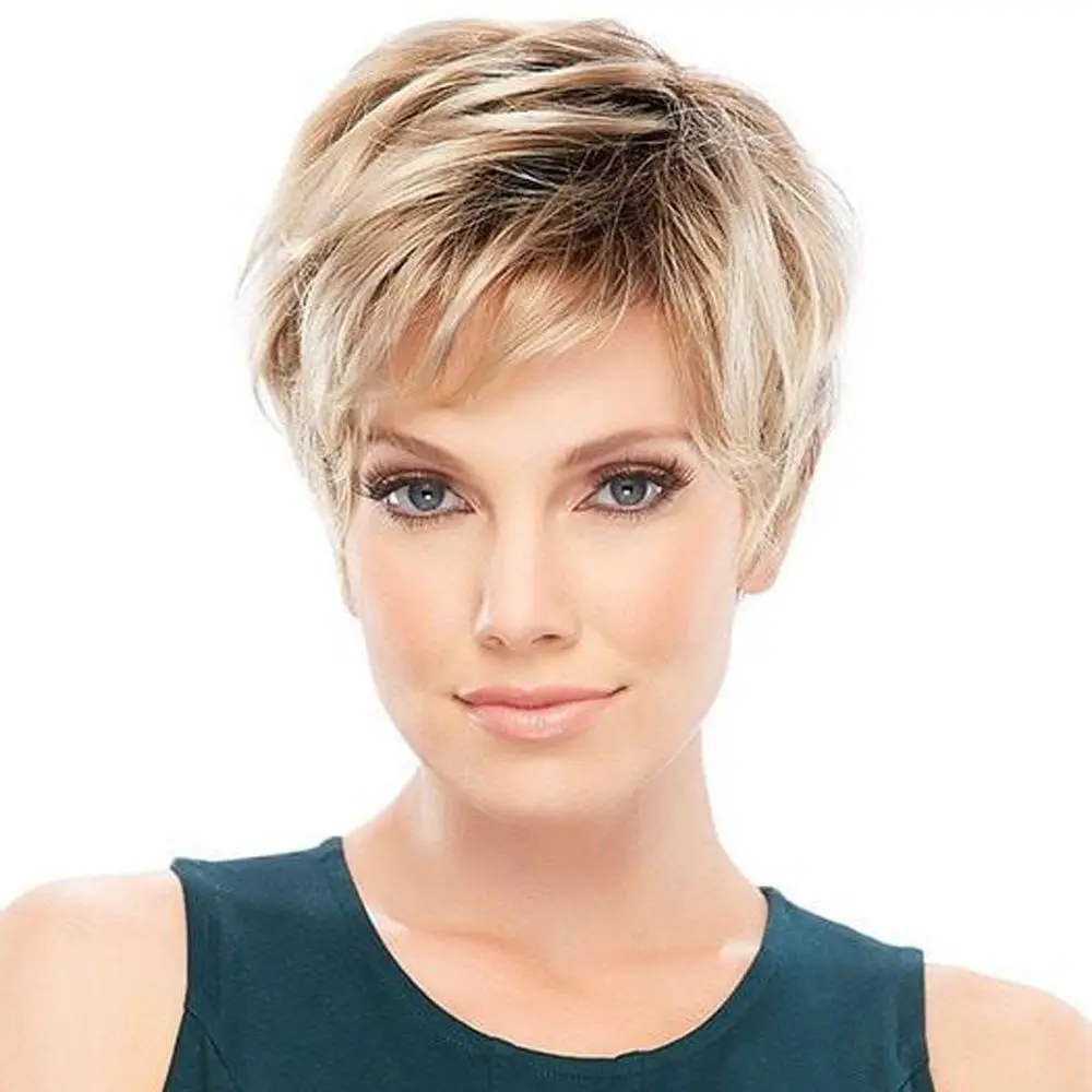 HAIRCUBE Natural Short Fluffy with Bangs Real Human Hair Mixed Healthy Synthetic Wigs for Women(Color Blonde)