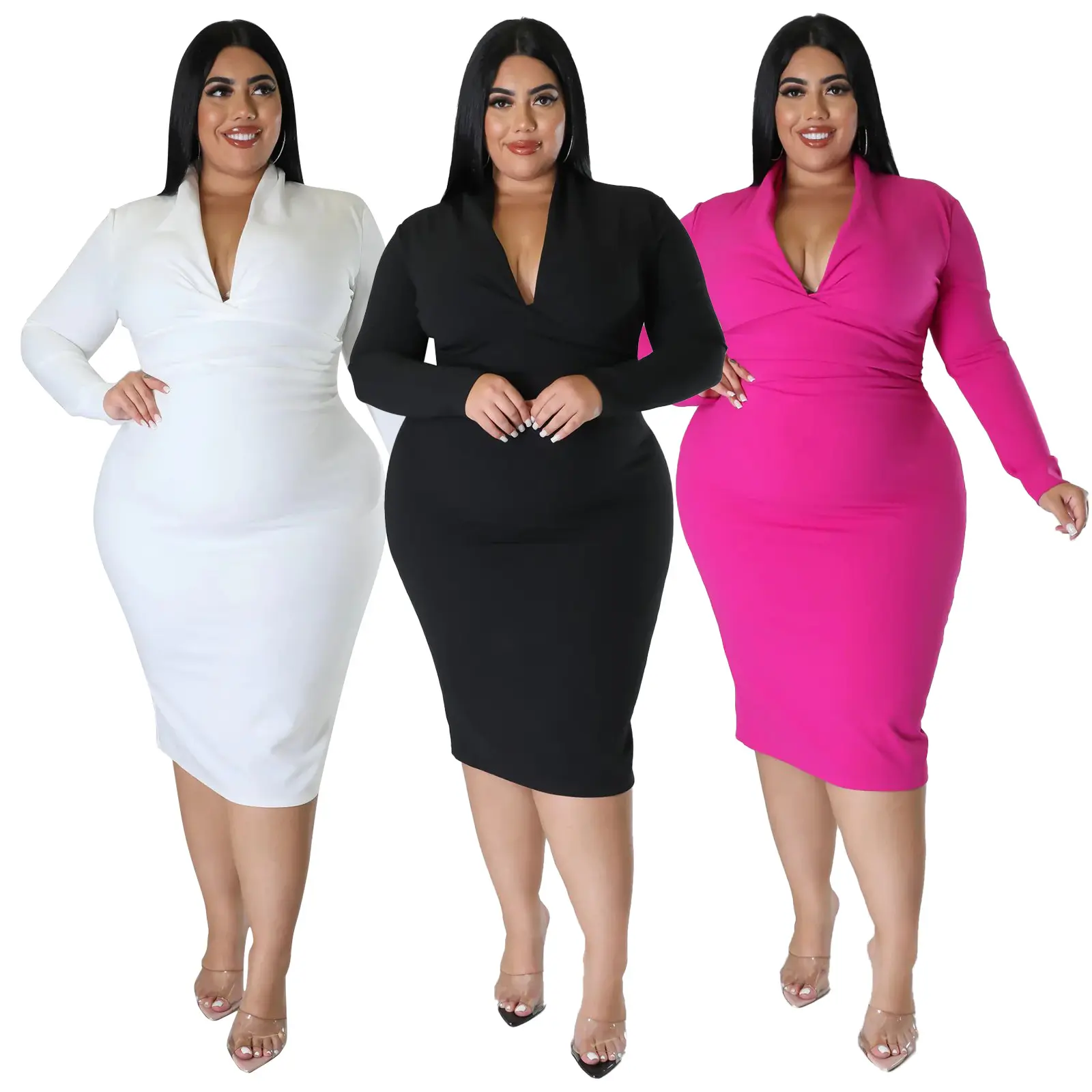 princess polly baby blue dress Women's Plus Deep Plunge V Neck Long Sleeves Draped Knee Length Bodycon  Bandage Dress