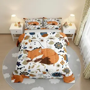 Fox Comforter Set,Cartoon Fox Sleeping Wildlife Bedding Set,Kids Teenager,Retro Floral Leaves Comforter