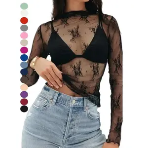 2026 holiday floor mopping women’s lace top, mesh top, long-sleeved floral lace top, plain mesh mock turtleneck layered top GARMENTARY