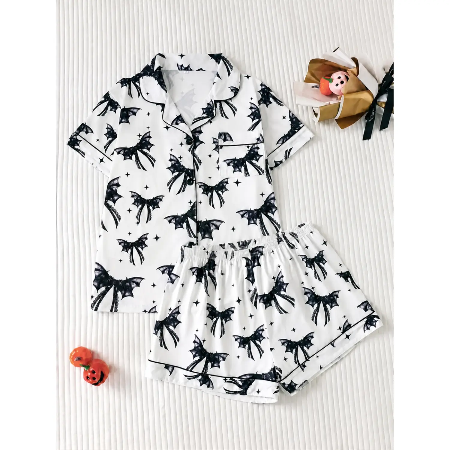 Women's Gothic Pajama Set - Bat, Butterfly, and Star Print, Fitted Short Sleeve Top & Loose Shorts, All-Season Comfort Sleepwear