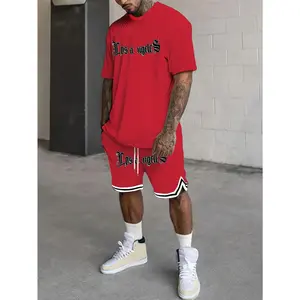 [Summer |   Comfortable] Two Piece Men's Casual Suit |   Los Angeles Monogrammed Round Neck Short Sleeve Drawstring Shorts |   Comfortable and Breathable Suitable for Summer Daily Outdoor Exercise and Fitness Wear Unique Trouser Leg Design