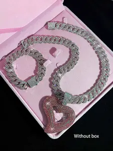 Hip Hop Fashion Heart Pendant Necklace Bracelet Set, Sparkling Bling Cubian Chain Jewelry for Men Women, Ideal Gift