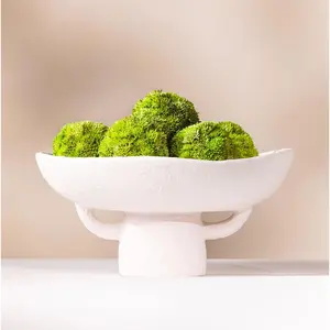 Luxurious White Textured Ceramic Bowl  Greenery Set,12.5x10.5 Inch Pedestal ative Bowl, with 6 Green Succulent Moss Balls, Counter Top, Farmhouse Table Centerpiece, Living Room, Kitchen