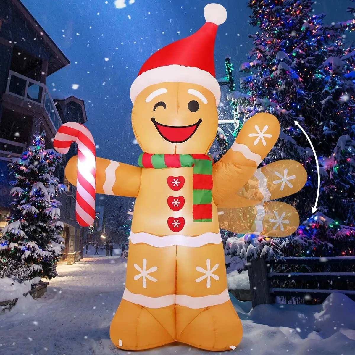 7.8FT Christmas Inflatables Gingerbread Man Waving Hands Yard Decor | Built-in LEDs and cheerful gingerbread man waving its hands for Christmas lawn, garden, porch and party displays