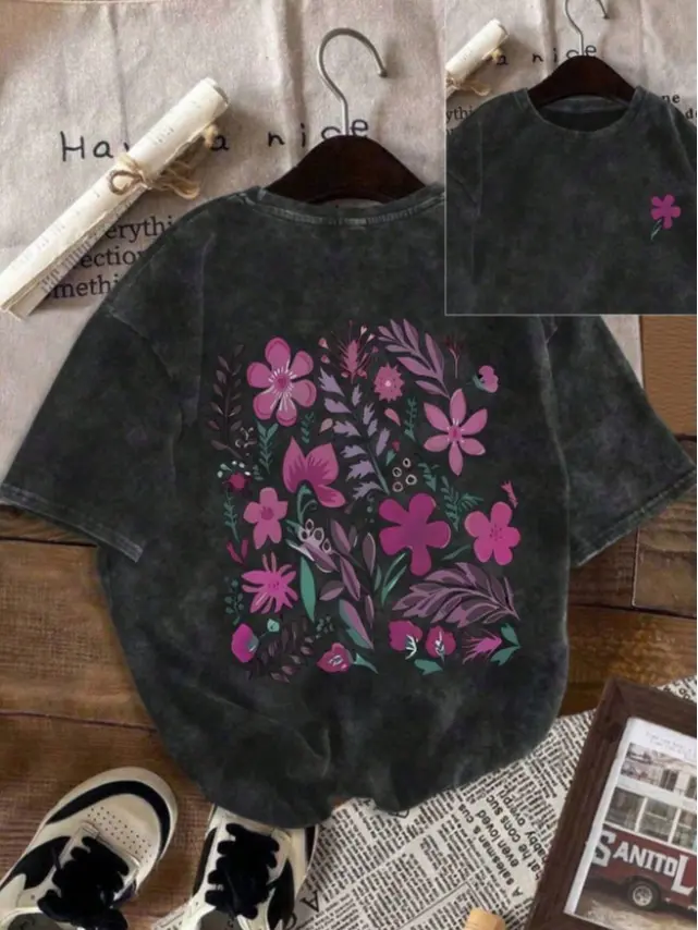 Vintage Washed "Vintage Floral" Double-Sided Print Tee | 230gsm Heavyweight Streetwear, Unisex Oversized Crew Neck Fit, Soft Breathable Cotton Casual Layering Top for Men & Women