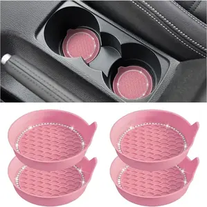 Bling Car Cup Holder Coaster, 4 Pack Universal Insert Coasters with Crystal Rhinestone, Silicone Non-Slip Shockproof Drink Mat, Car Interior Accessories Fashion Decor for Women Girl
