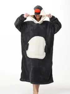 Men's Fall Winter Dark Gray Sloth Penguin Hoodie, Warm Home Wear, Oversized Thick Lamb Fur Sweatshirt, Halloween Costume, Christmas Gift