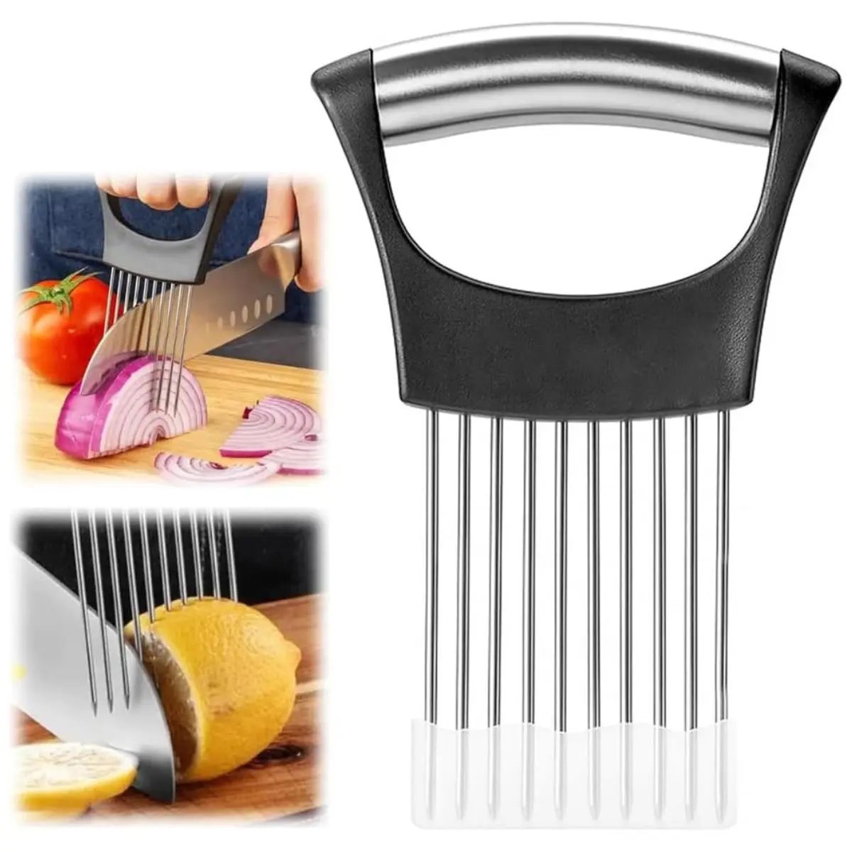 Stainless Steel Onion Slicer Tool – Kitchen Cutting Holder with Protective Case for Fruits & Vegetables