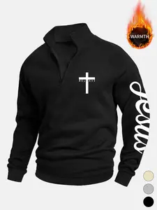 Religious Half-Zip Fleece Fitted Long Sleeve Sweatshirt, Cross Believe Print, Geometric Letter Pattern Sleeves, Warm Stand Collar Top, Casual Fall & Winter Wear