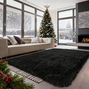 1pc Black Rug Modern Fluffy Shaggy Area Rug Super Soft And Cozy Rug Non-Slip Plush Carpet Floor Mat For Thanksgiving Day Chrismas Decor, Rug For Living Room, Bed Room, Dorm, Room Decor, Back To School Supplies