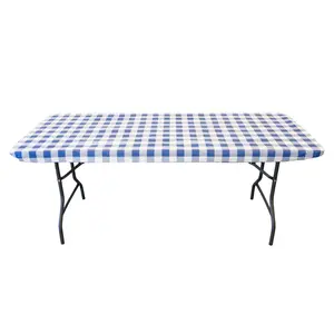 Classic Brand Elastic Fitted Vinyl Table Cover With Flannel Backing Gingham Blue 6 Ft 72" x 30" Waterproof Rectangle Outdoor Tablecloth