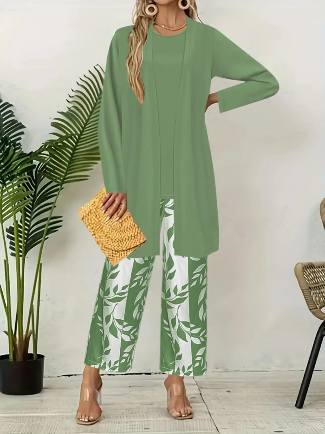 Autumn Winter Fashion New Arrival Plus Size Three-Piece Set, Elegant Loose Comfortable Flowy Leaf Print Pants, Solid Color Vest Long Coat Set