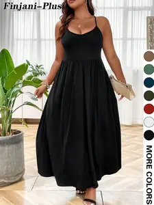Plus Size Criss Cross Backless Cami Dress, Casual Solid Sleeveless Spaghetti Strap A-Line Dress for Summer, Women's Clothes for Party Holiday