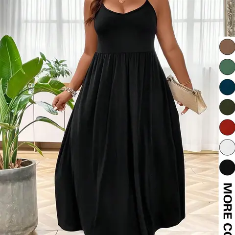 Plus Size Criss Cross Backless Cami Dress, Casual Solid Sleeveless Spaghetti Strap A-Line Dress for Summer, Women's Clothes for Party Holiday, Club Party Dress