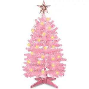 3 Ft Pink Christmas Tree with Lights, Timer 8 Modes 50 Warm White Lights Battery Operated Small Artifical Full Christmas Tree for Tabletop Home Office Indoor Outdoor Xmas Holiday Party Decorations