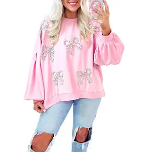Women's Casual Winteroutfit Sweatshirt Round Neck Light Pink Embroidered Bow Lantern Sleeve Oversized Pullover Sweatshirt- Chic,Comfortable